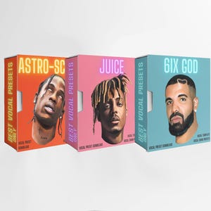 May include: Three colorful boxes featuring portraits of musicians. The boxes are labeled "ASTRO-SC", "JUICE", and "6IX GOD". Each box has the text "BEST VOCAL PRESETS ONLY". The boxes are in orange, pink, and blue.