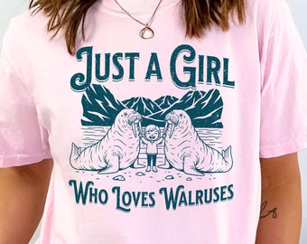 Women's Walrus T-Shirt, Retro Washed Out Animal Tee, Comfort Colors 1717, Just A Girl Who Loves Walruses, North Pole Arctic Wildlife Tee