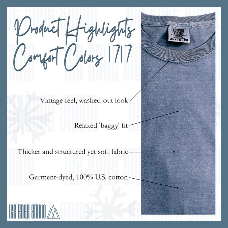 May include: A close-up of a blue Comfort Colors t-shirt. The shirt has a vintage, washed-out look and a relaxed fit. The fabric is thicker, structured, and soft, made from garment-dyed 100% U.S. cotton. The tag reads XL-TG-EG.
