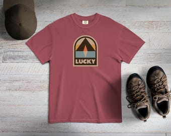 Mountain Lucky T-Shirt, Unisex Outdoor Retro Washed Out Tee, Relaxed Baggy Shirt, Vintage Tee, Comfort Colors 1717, Mountain Hiking Badge