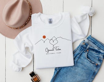 Grand Teton National Park Embroidered Sweatshirt, Women's Mountain Shirt, Single Line Art, Minimalist Nature Jumper, Grand Teton Lover Gift