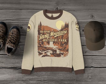 Great Smoky Mountains Knitted Sweater, Smoky Mountains National Park Black Bear Jumper Mountain Nature Scenery Sweater Outdoor Retro Sweater