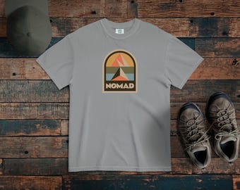 Mountain Nomad T-Shirt, Unisex Outdoor Retro Style Tee, Relaxed Baggy Shirt, Vintage Tee, Comfort Colors 1717, Mountain Hiking Badge Tshirt