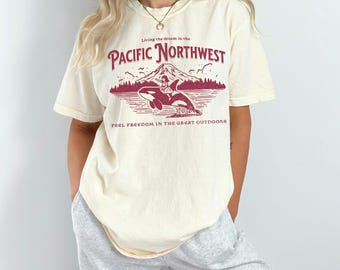 Pacific Northwest Orca T-Shirt, Washed Out Retro PNW Shirt, Outdoor Mountain Tee, Nature Lover Tshirt, Comfort Colors 1717, Whale Watching