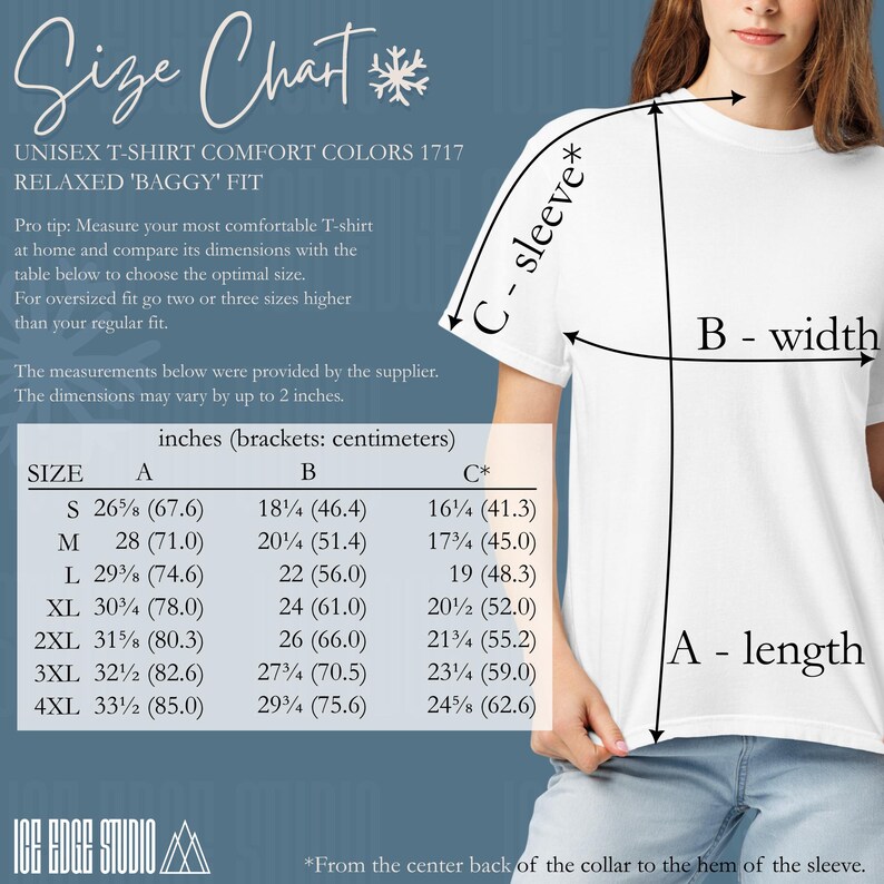 May include: White unisex t-shirt with a size chart. The chart provides measurements in inches and centimeters for length, width, and sleeve length. Sizes range from S to 4XL. The text reads "RELAXED 'BAGGY' FIT."