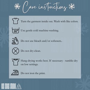 May include: A light blue graphic with white text and icons detailing garment care instructions. The text reads "Care Instructions" and includes washing, drying, and ironing guidelines. The Ice Edge Studio logo is at the bottom.