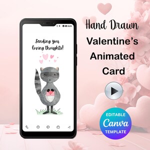 Plantilla de tarjeta animada para el día de San Valentín / Dibujada a mano / Editable / Descarga instantánea / Enviando pensamientos amorosos