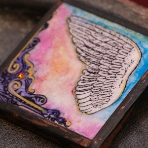 Porcelain Tile Art Magnet: Angel Wing, Patina Copper Edge, Austrian Crystal
