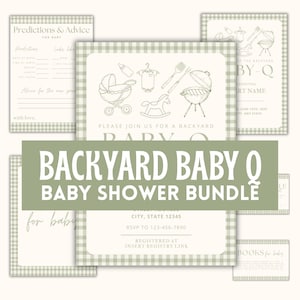 Puede incluir: Un conjunto de invitaciones para baby shower con un patrón de cuadros vichy verde y blanco. La tarjeta central dice "BACKYARD BABY Q BABY SHOWER BUNDLE". Otras tarjetas incluyen ilustraciones temáticas de bebés y texto para predicciones, consejos y detalles del evento.