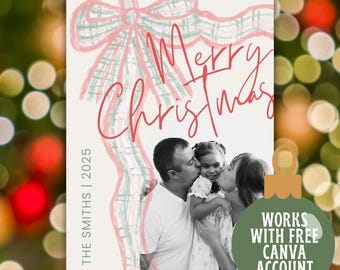 May include: A Christmas card design featuring a family photo with a red and green bow illustration and the words "Merry Christmas" in red script. The family photo is in black and white. The text "THE SMITHS | 2025" is also included.