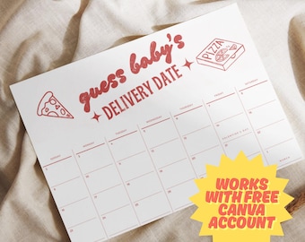 Pizza Baby Shower Game: Guess the Due Date Calendar (Digital Download 20x16" Canva Template)