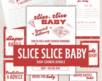以下が含まれることがあります： ピザをテーマにしたベビーシャワーバンドル。デザインには、「Slice, Slice Baby」、「Diaper Raffle」、「Predictions & Advice」などのフレーズが書かれた赤と白のカードが含まれています。バンドルには、ピザスライスのグラフィックも含まれています。