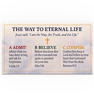 Könnte beinhalten: Eine rechteckige Karte mit dem Text "THE WAY TO ETERNAL LIFE" und einem Zitat von Jesus. Die Karte ist in drei Abschnitte unterteilt: A ZULASSEN, B GLAUBEN und C BEKENNEN, jeweils mit Bibelstellen.
