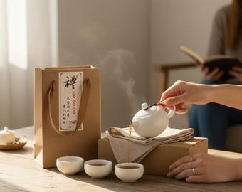 May include: A white ceramic teapot pouring tea into small white cups. A brown paper gift bag with Chinese characters is on the left. The tea set is on a wooden table, with steam rising from the teapot.