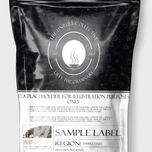 May include: Black and white tea packaging with a sample label. The label says "Sample Label", "Region: Sample Data", "Best Before Date: Sample Data", and "100g".