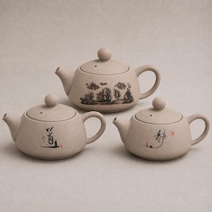 May include: Three light beige ceramic teapots with lids and handles. The back teapot features a detailed black ink landscape illustration. The front left teapot displays black calligraphy and a small red seal. The front right teapot shows black calligraphy.