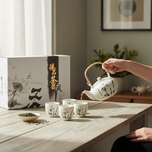 Peut inclure: Un service à thé blanc avec un motif de bambou. L'ensemble comprend une théière avec une poignée en bambou, quatre petites tasses et une petite coupelle de feuilles de thé. Une boîte avec des caractères chinois et une illustration de fleur de lotus est en arrière-plan.