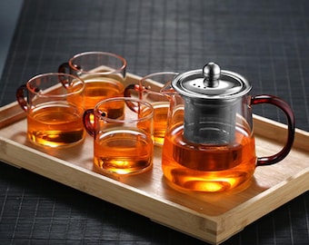 Premium Borosilicate Glass Teapot with Tea Infuser | Extra-Thick Design (550ml) + 4 Teacups (100ml)