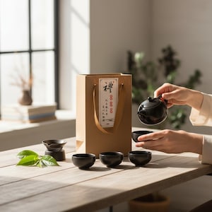 May include: A black tea set comprising a small teapot and four cups, displayed on a wooden table. A brown paper gift bag with Chinese characters is in the background. The set includes a small tea warmer.
