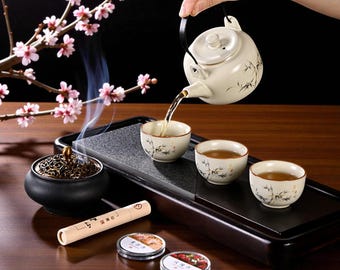 Elegant Cream Ceramic Tea Set with Bamboo Design - 4-Piece Collection