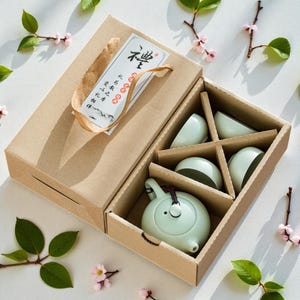 Könnte beinhalten: Hellbraune Geschenkbox mit passendem Griff, die ein hellgrünes Teeservice enthält. Das Set beinhaltet eine Teekanne und vier Teetassen. Die Box hat ein dekoratives Etikett mit asiatischen Schriftzeichen. Das Teeservice liegt auf einer weißen Oberfläche.