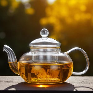Puede incluir: Una tetera de vidrio transparente llena de té dorado y una flor flotante. La tetera tiene un pico y un asa curvados, y una tapa de vidrio con un pequeño pomo. El fondo está borroso con tonos amarillos y verdes.