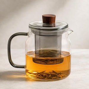May include: A clear glass teapot featuring a dark-tinted glass infuser basket filled with loose tea leaves. The teapot has a matching dark-tinted glass handle and a lid topped with a small, cylindrical dark brown wooden knob handle.