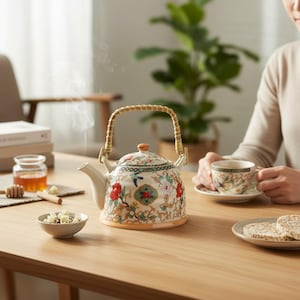Könnte beinhalten: Eine dekorative Keramik-Teekanne mit floralem Design, roten Blumen und einem geflochtenen Griff. Eine passende Tasse und Untertasse stehen auf dem Tisch. Dampf steigt aus der Teekanne auf. Die Teekanne ist etwa 20 cm hoch.