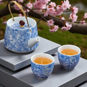 May include: A blue and white floral patterned tea set with a teapot and two teacups. The teapot has a gold handle and a dark red knob. The teacups are filled with tea. Pink flowers are in the background.
