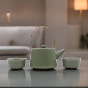 May include: A pale green ceramic tea set, comprising a teapot with a gold handle and two matching teacups. The teapot features a spout and a small lid. The teacups are round and simply designed. The set is displayed on a grey surface.