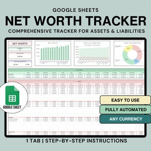 Nettowaarde-tracker-spreadsheet Persoonlijke financiële activa Passiva-sjabloon Jaarlijkse nettowaarde-calculator Google Spreadsheets Asset Tracker-planner