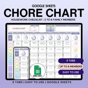 Puede incluir: Una plantilla de tabla de tareas domésticas de Google Sheets con un diseño colorido. La tabla está dividida en cinco pestañas, cada una con un color diferente. La tabla está diseñada para 2 a 6 miembros de la familia e incluye una lista de verificación de las tareas domésticas. El texto en la tabla dice "CHORE CHART", "HOUSEWORK CHECKLIST: 2 TO 6 FAMILY MEMBERS", "5 TABS", "UP TO 6 MEMBERS", "EASY TO USE" y "GOOGLE SHEET".