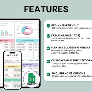 Puede incluir: Una plantilla de hoja de c&aacute;lculo de presupuesto digital con un icono de marca de verificaci&oacute;n verde y texto que describe las caracter&iacute;sticas: f&aacute;cil de usar, duplicable (1 pesta&ntilde;a), per&iacute;odo de presupuesto flexible, subcategor&iacute;a personalizable y 70 opciones de moneda. La plantilla est&aacute; dise&ntilde;ada para usar con Google Sheets.
