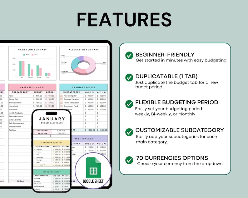 Puede incluir: Una plantilla de hoja de c&aacute;lculo de presupuesto digital con un icono de marca de verificaci&oacute;n verde y texto que describe las caracter&iacute;sticas: f&aacute;cil de usar, duplicable (1 pesta&ntilde;a), per&iacute;odo de presupuesto flexible, subcategor&iacute;a personalizable y 70 opciones de moneda. La plantilla est&aacute; dise&ntilde;ada para usar con Google Sheets.