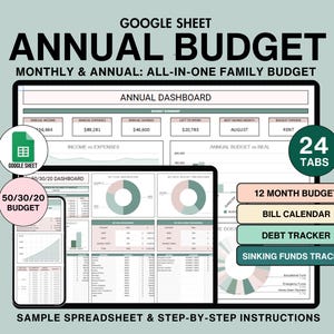 May include: A digital financial planning tool with the text "GOOGLE SHEET ANNUAL BUDGET" displayed on a tablet and phone. The image includes charts, graphs, and budget categories. The design features a light green background with the text "24 TABS".