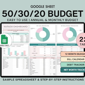 Może przedstawiać: Szablon arkusza kalkulacyjnego Google dla budżetu 50/30/20, z 22 kartami, w tym budżetem na 12 miesięcy, kalendarzem faktur, śledzeniem zadłużenia i śledzeniem wartości netto. Szablon zawiera pulpit nawigacyjny z wykresami kołowymi i tabelami do śledzenia dochodów i wydatków.