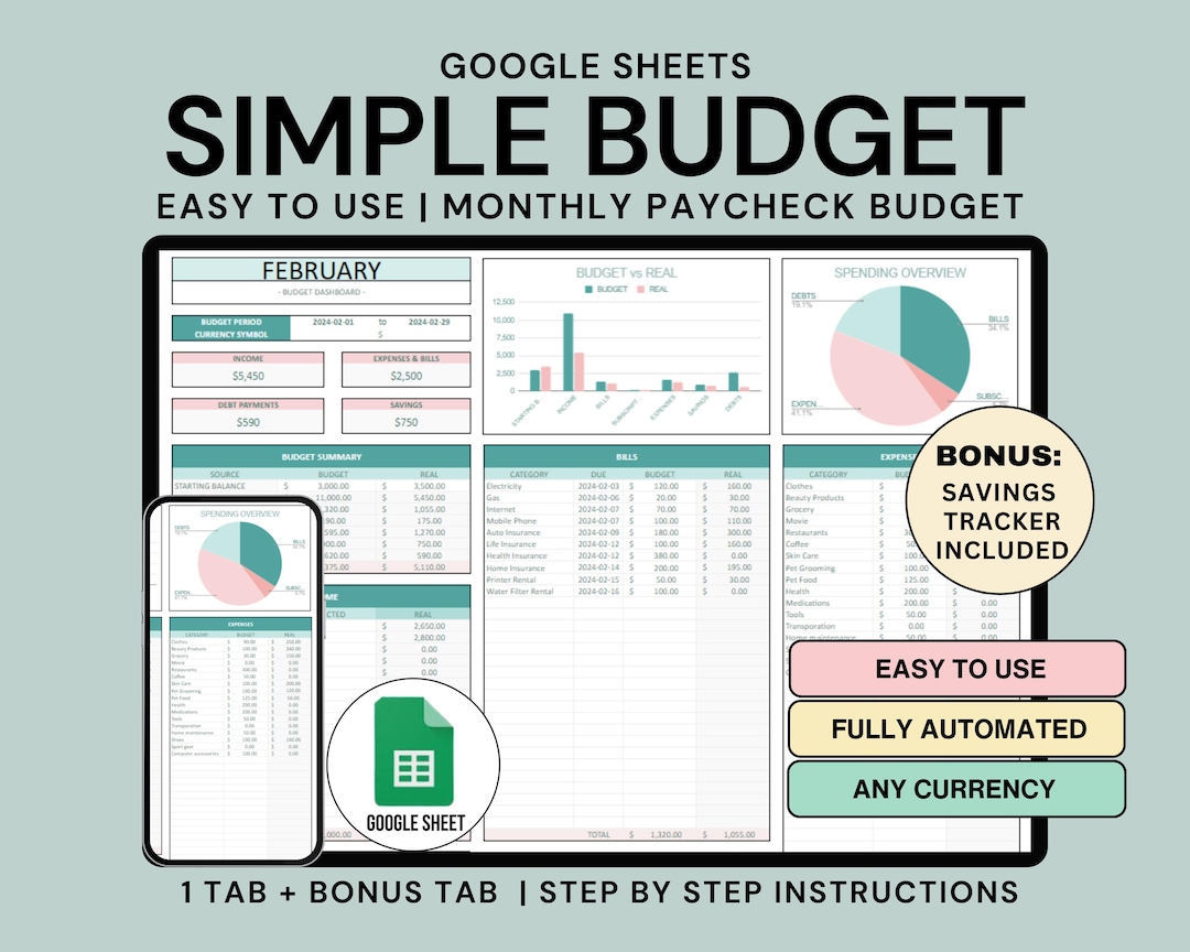 Simple Budget Spreadsheet Google Sheets Template Monthly Budget by ...