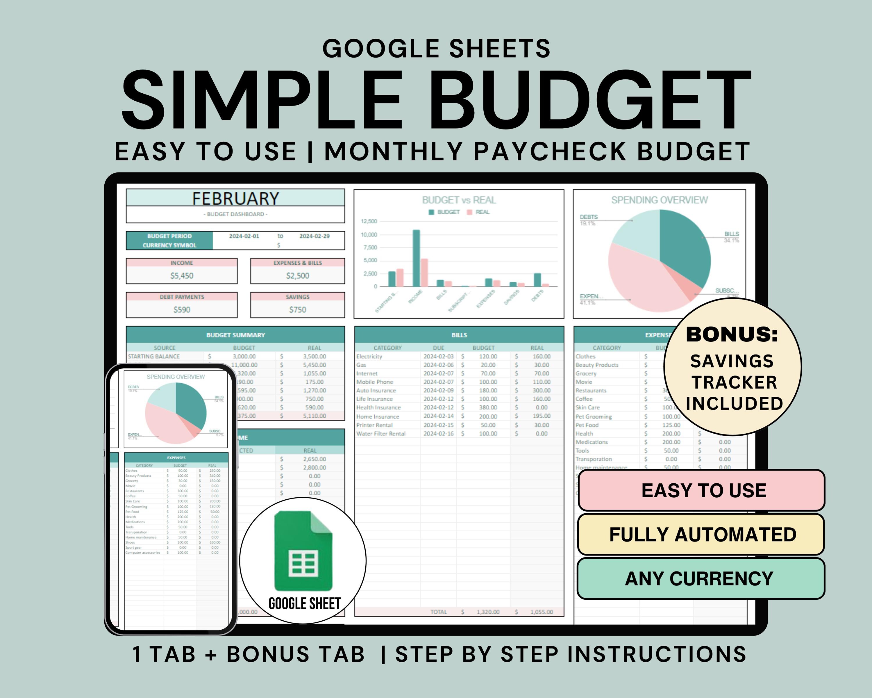 Simple Budget Spreadsheet Google Sheets Template Monthly Budget by ...