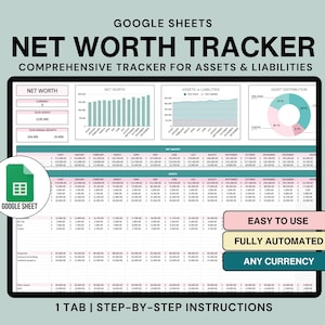 Nettowaarde-tracker-spreadsheet Google Spreadsheets Activa en passiva-sjabloon Jaarlijkse nettowaarde-calculator Geldbeheer Financiën-spreadsheet