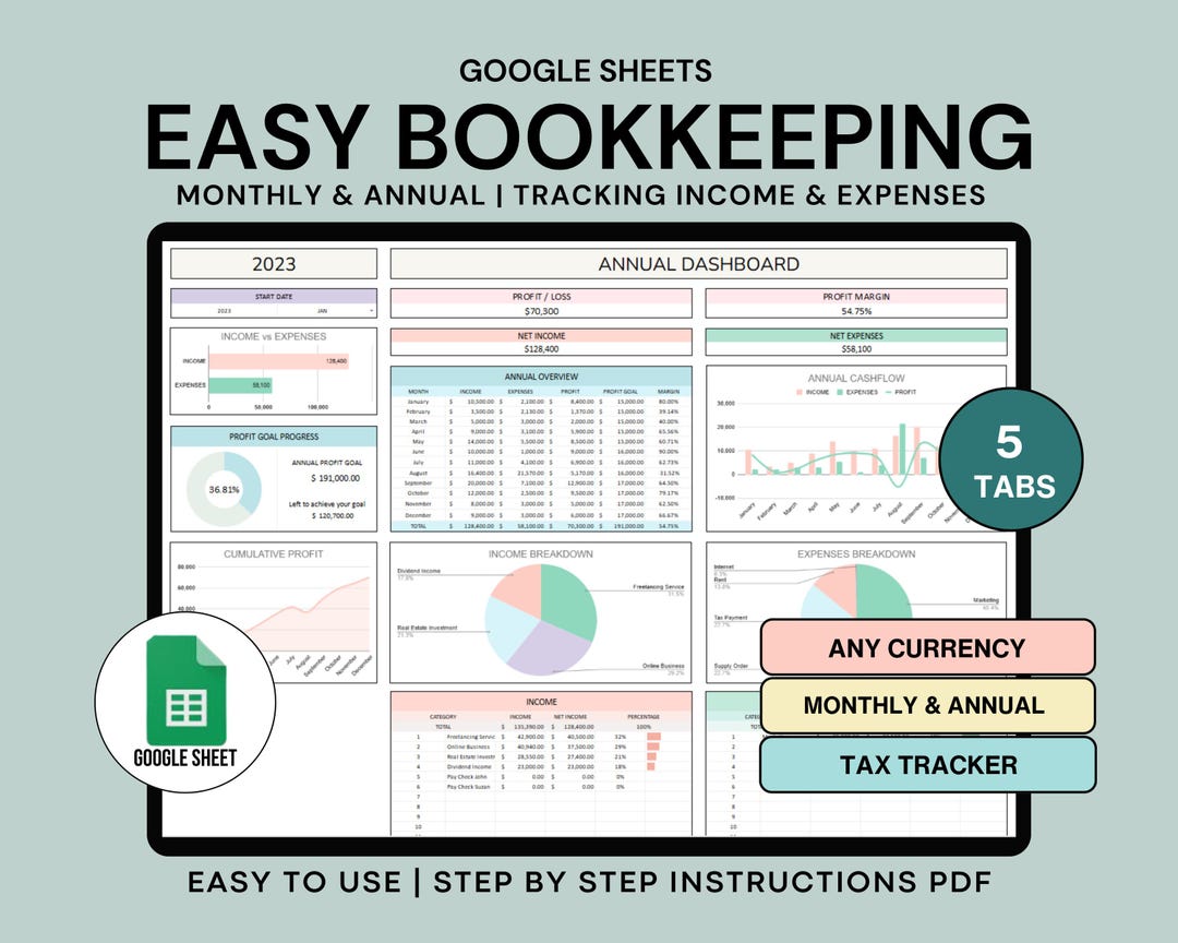 Small Business Bookkeeping Spreadsheet Google Sheets Sales Profit and ...