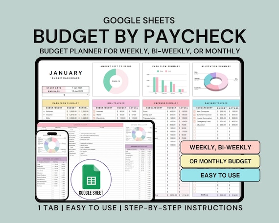 Budget by Paycheck Google Sheets Spreadsheet Monthly Paycheck Budget Biweekly Weekly Budget Planner Easy Budget Spreadsheet Expense Tracker