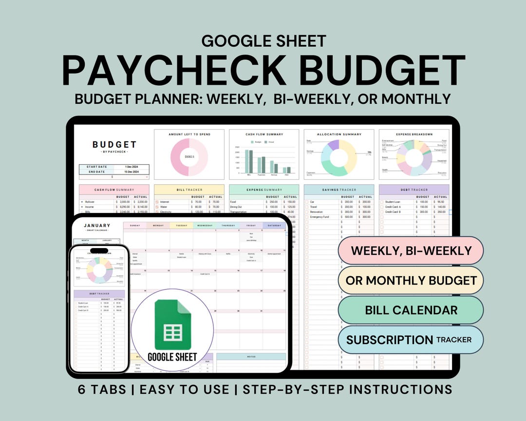 Paycheck Budget Spreadsheet Monthly Weekly Budget Google Sheet Biweekly ...