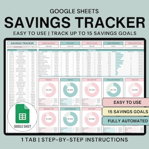 May include: A Google Sheets spreadsheet template for tracking savings goals. The spreadsheet has a light blue and pink color scheme and includes a progress bar for each goal. The text on the spreadsheet reads "Savings Tracker", "Easy to Use", "Track Up to 15 Savings Goals", "Google Sheet", "1 Tab", "Step-by-Step Instructions", "Easy to Use", "15 Savings Goals", and "Fully Automated".