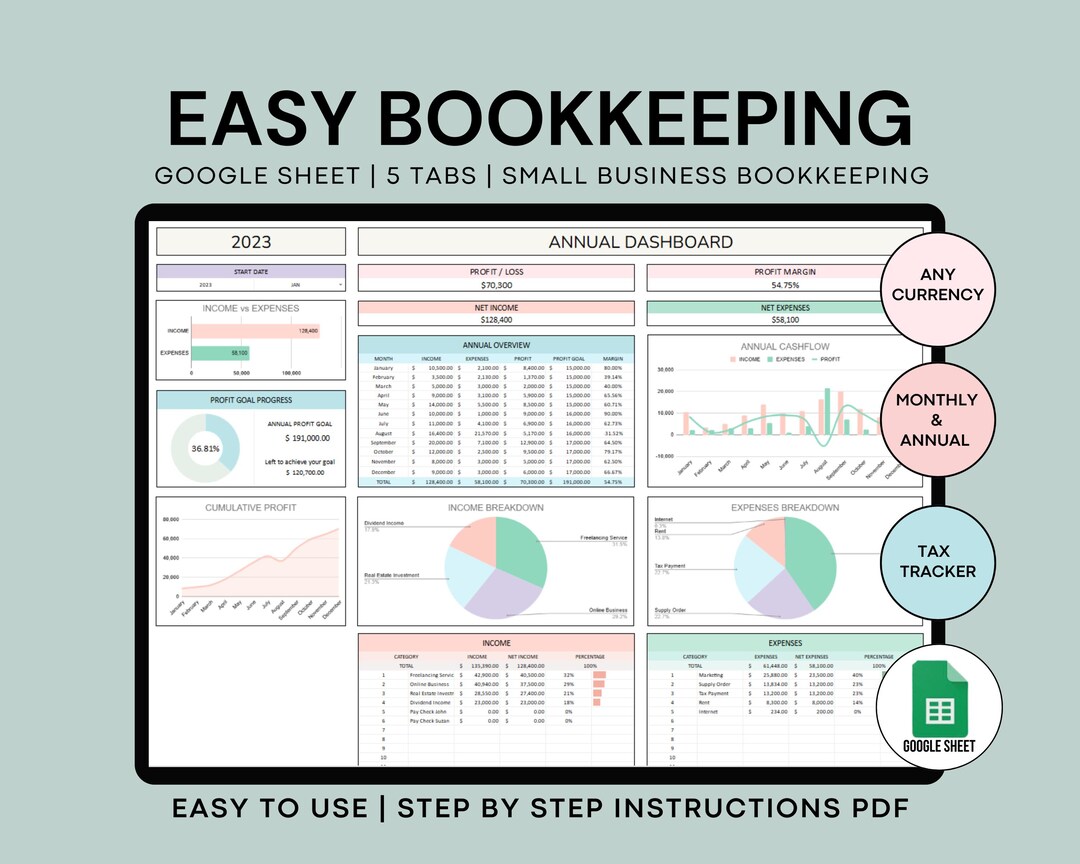 Small Business Bookkeeping Spreadsheet Google Sheets Sales Profit and ...
