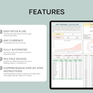 May include: A pink and green debt snowball calculator spreadsheet with a chart showing debt balances over time. The spreadsheet includes features like easy setup, any currency, full automation, multiple devices, and comprehensive step-by-step instructions.