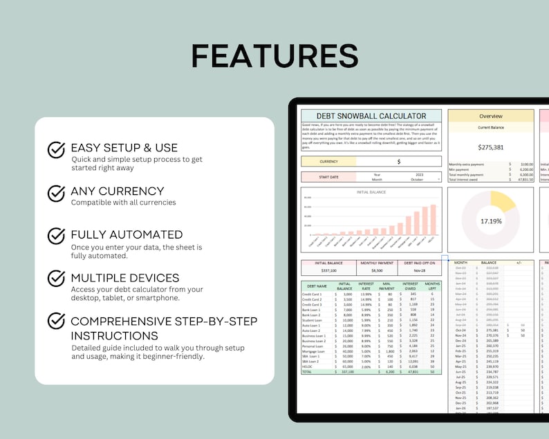 May include: A pink and green debt snowball calculator spreadsheet with a chart showing debt balances over time. The spreadsheet includes features like easy setup, any currency, full automation, multiple devices, and comprehensive step-by-step instructions.