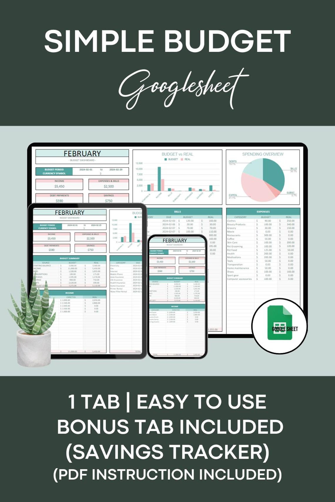 Simple Budget Spreadsheet Google Sheets Template Monthly Budget by ...