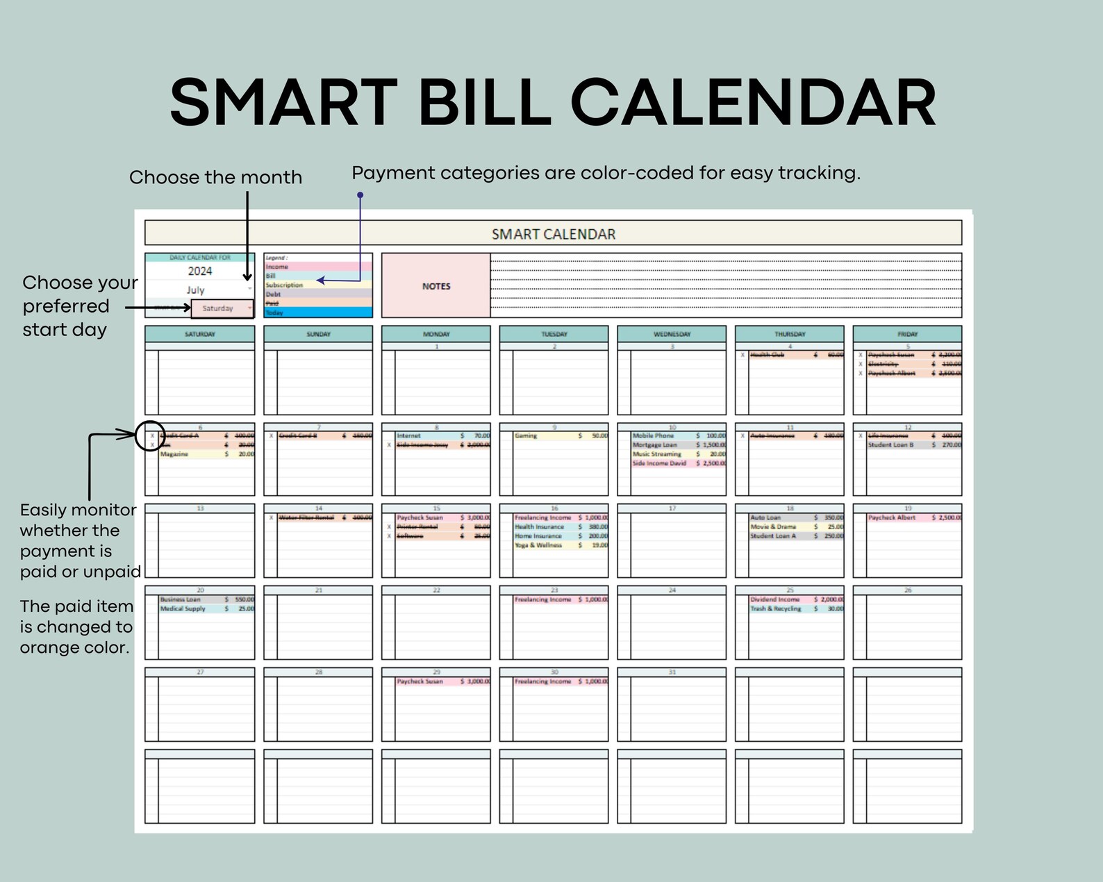 Bill Tracker Spreadsheet Template Smart Bill Calendar Monthly Income ...
