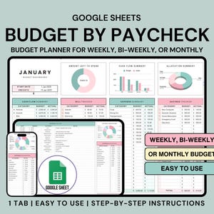 May include: A Google Sheets budget planner template with a pink and green color scheme. The template is titled "Budget by Paycheck" and includes sections for cash flow summary, bill tracker, expense summary, and savings tracker. The template is designed for weekly, bi-weekly, or monthly budgeting.
