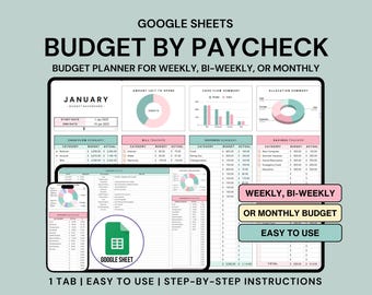 Puede incluir: Una plantilla de presupuesto de Google Sheets con un esquema de color rosa y verde. La plantilla se titula "Presupuesto por cheque de pago" e incluye secciones para el resumen del flujo de caja, el seguimiento de las facturas, el resumen de los gastos y el seguimiento de los ahorros. La plantilla está diseñada para presupuestos semanales, quincenales o mensuales.